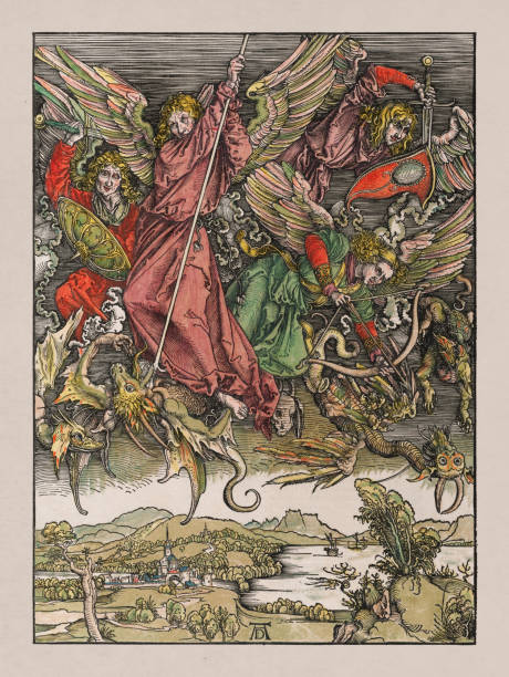 Illustration of Saint Michael Fighting the Dragon drawn by Albrecht Dürer in 1498.