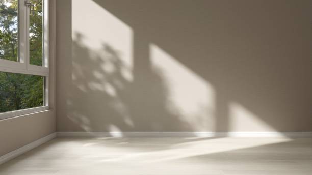 istock Empty room with beige wallpaper wall in sunlight from window, tree shadow on wood laminated floor 2151670188