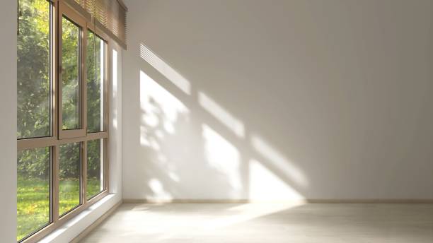 Empty room with white wall in sunlight from brown window blind, tree shadow on wood laminated floor