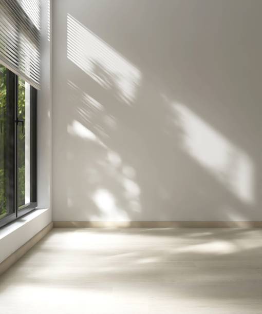istock Empty room with white wall in sunlight from black frame window blind, tree shadow on wood laminated floor 2151670203
