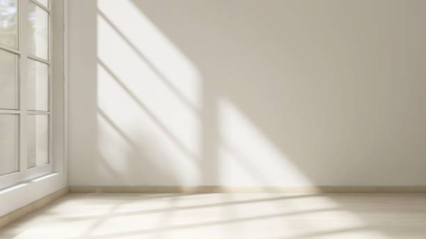 istock Empty room with white wall in sunlight from window, tree shadow on wood laminated floor 2151670210