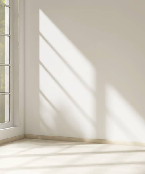istock Empty room with white wall in sunlight from window, tree shadow on wood laminated floor 2151670213