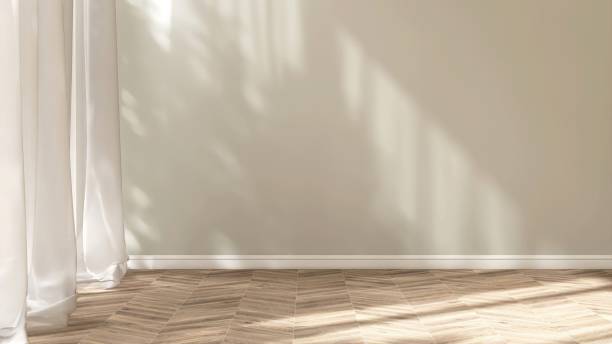 istock Empty beige wall room in sunlight from window, white sheer curtain ,tree shadow on baseboard, herringbone parquet floor 2151670226