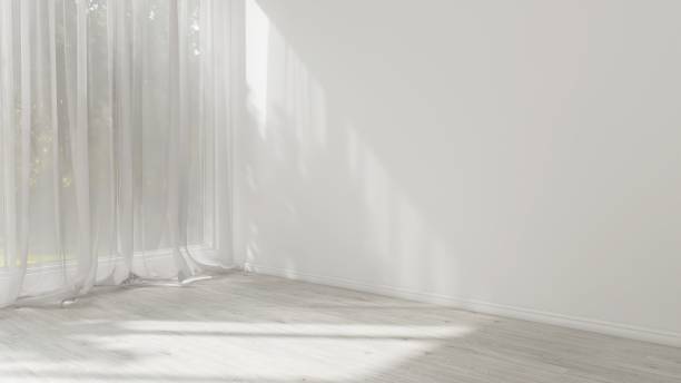 istock Empty white wall room in sunlight from window with sheer curtain, tree shadow on baseboard, wood laminated parquet floor 2151670231