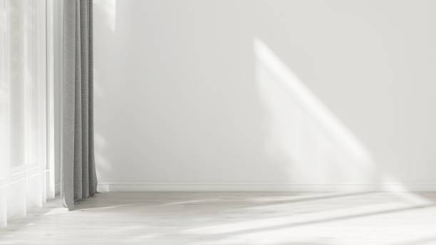 Empty white wall room in sunlight from window with sheer, blackout curtain, tree shadow on baseboard, wood laminated parquet floor