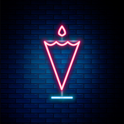 Glowing neon line Medieval flag icon isolated on brick wall background. Country, state, or territory ruled by a king or queen. Colorful outline concept. Vector.