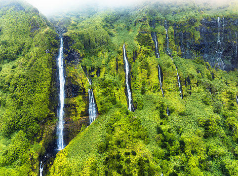 Green waterfall tropical landscape - Ribeira do Ferreira, green paradise hidden in Flores Island, Azores, Portugal, Pozo da Alagoinha