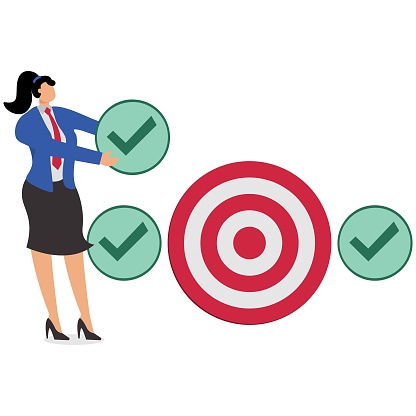 Step by step improvement to reach a goal or complete a task, the road to success, project management or self-improvement, Businesswoman holding check mark as steps step by step to the bullseye