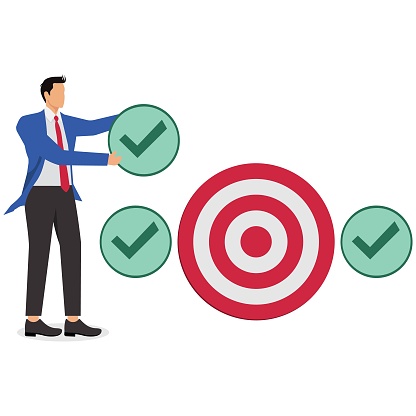 Step by step improvement to reach a goal or complete a task, the road to success, project management or self-improvement, Businessman holding check mark as steps step by step to the bullseye