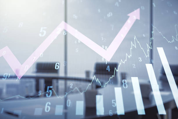 istock Abstract virtual financial graph hologram and upward arrow on a modern conference room background, forex and investment concept. Multiexposure 2151671759