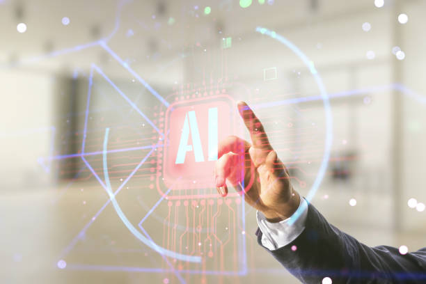 istock Double exposure of businessman hand working with creative artificial Intelligence abbreviation hologram on blurred office background. Future technology and AI concept 2151671804