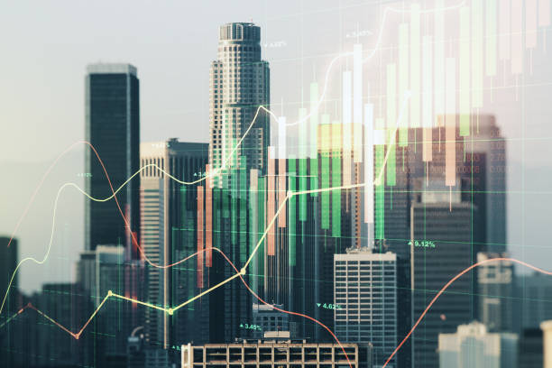 istock Multi exposure of virtual abstract financial graph interface on Los Angeles cityscape background, financial and trading concept 2151671833