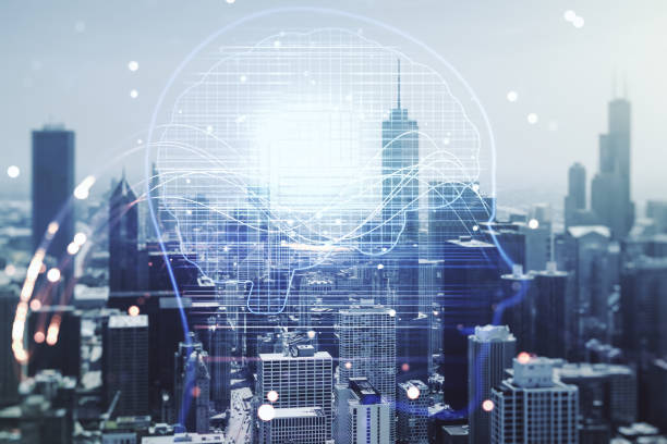 istock Double exposure of creative artificial Intelligence hologram on Chicago city skyscrapers background. Neural networks and machine learning concept 2151671859