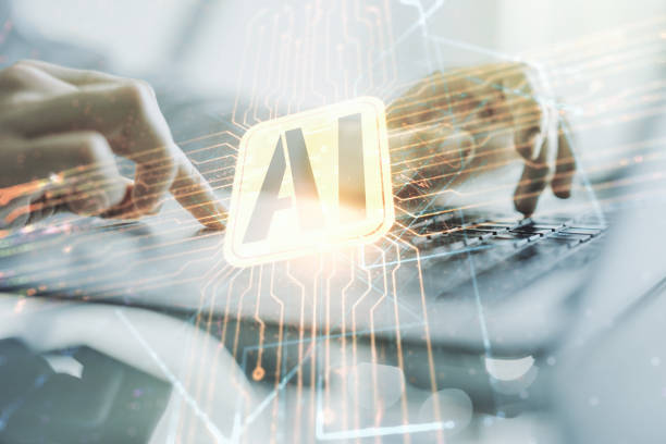 istock Double exposure of creative artificial Intelligence icon with hands typing on laptop on background. Neural networks and machine learning concept 2151671876
