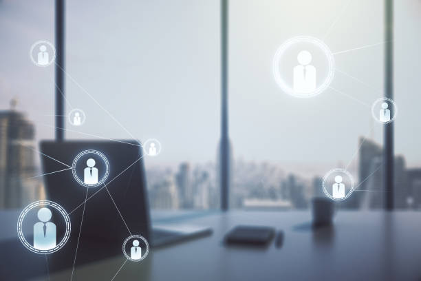 istock Social network concept and modern desktop with computer on background. Multiexposure 2151671901