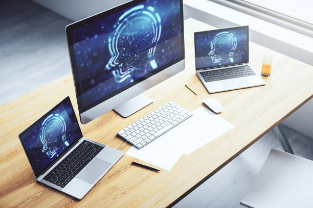 istock Creative artificial Intelligence concept with human head hologram on modern laptop screen. 3D Rendering 2151671911