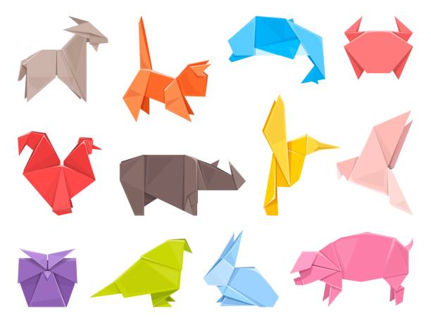 Paper origami animals and birds. Folded colored sheets, fauna decorative shapes, low polygonal toys simple design, japanese hobby and art, pig, cat and crab, cartoon flat isolated vector set Paper origami animals and birds. Folded colored sheets, fauna decorative shapes, low polygonal toys simple design, japanese hobby and art, pig, cat and crab, cartoon flat style isolated vector set cat origami stock illustrations