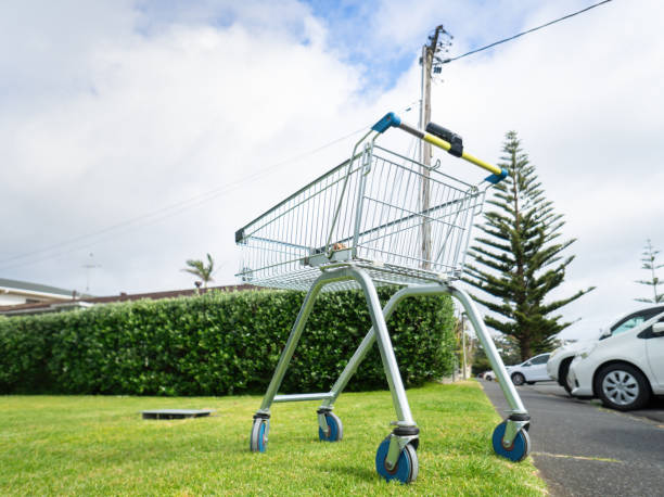 istock Empty shopping trolley abandoned on the lawn. Auckland. 2151672795