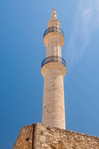 Greece, Crete, Rethymno, Neratze Mosque minaret seen from Emmanoil Vernardoy street