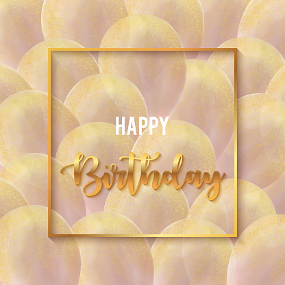 Happy Birthday Celebration Card Template with Gold Frame and Gold Colored Glittering Hand Drawn Balloons.