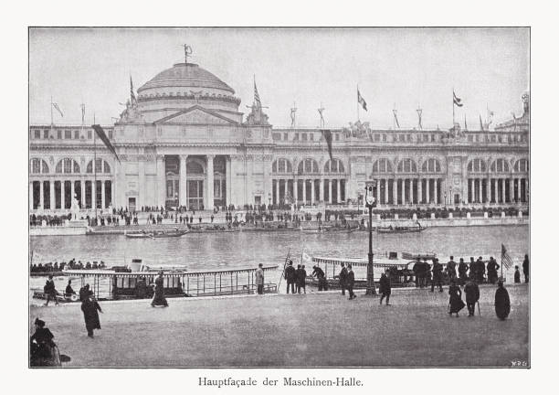 Main facade of the Machinery Hall, or the Palace of Mechanic Art - one of the most elaborate structures of the Columbian Exposition. The World's Columbian Exposition, also known as the Chicago World's Fair, was a world's fair held in Chicago from May 5 to October 31, 1893, to celebrate the 400th anniversary of Christopher Columbus's arrival in the New World in 1492. Halftone print based on a photograph, published in 1893.