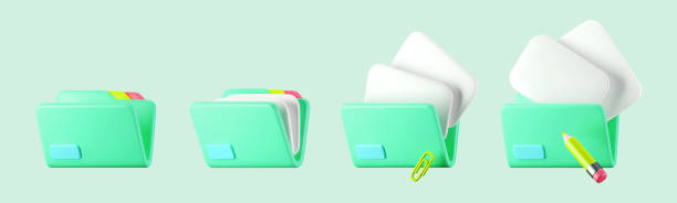 istock 3d green file folder icons with document, pencil and clip paper isolated on background. Render folder with paper for management file concept. 3d cartoon simple vector illustration 2151678162