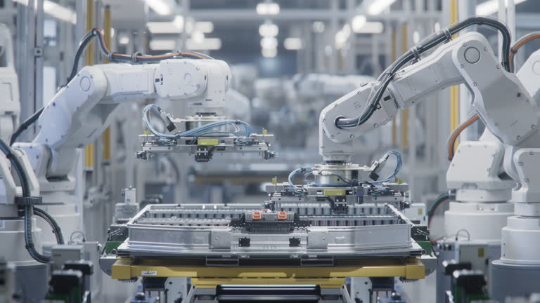 Front view of Automated Manufacturing Line with White Robotic Arms at Bright Factory. Lithium-Ion EV Battery Pack for Automotive Industry Assembly Process. Electric Car Production Line with Robot Arms