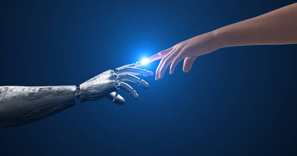 istock Futuristic Connection: AI Robot and Human Fingers Touch. Electrical Energy. 2151680911