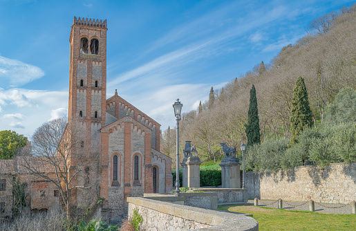 Monselice, Italy, view of  the  apse and bell tower of the ancient parish church of Santa Giustina