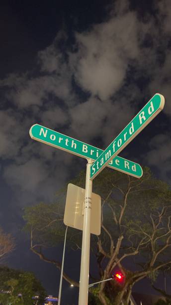 Singapore road sign at night with sky view
