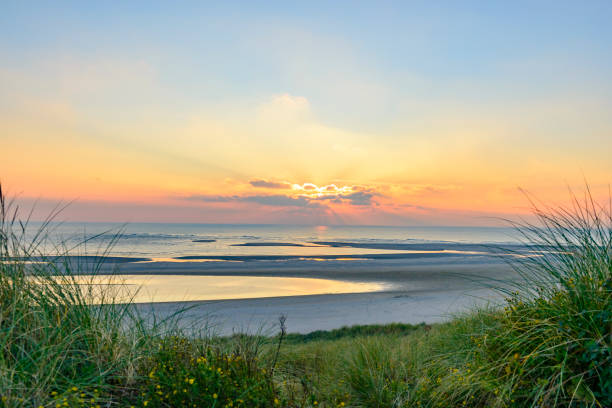 View from the dunes of the sunset over the North Sea at the end of a beautiful day. The picture is taken at the beach of Maasvlakte 2, an extension of the Port of Rotterdam.