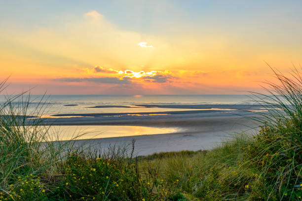 View from the dunes of the sunset over the North Sea at the end of a beautiful day. The picture is taken at the beach of Maasvlakte 2, an extension of the Port of Rotterdam.