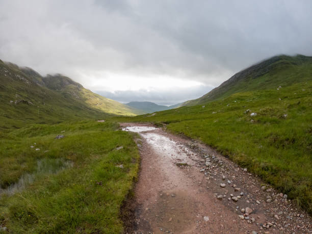 A mountain stream flowing through a highland valley, with verdant hills enveloping the landscape under a moody, overcast sky. The stream's rocky bed and clear waters are at the forefront, leading the viewer's eye through the serene wilderness.