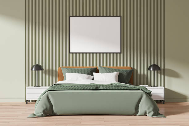 istock Green master bedroom interior with bed and horizontal poster 2151687380
