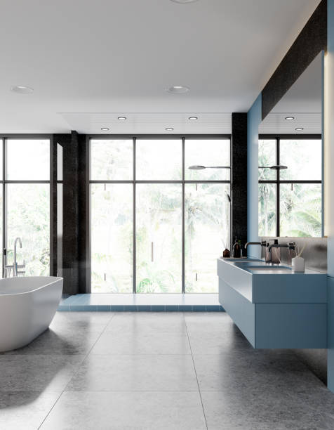 istock Gray and blue bathroom interior with shower, double sink and bathtub 2151687409
