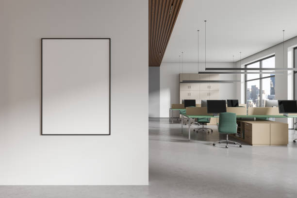 istock White office business room interior coworking and panoramic window. Mockup frame 2151687713