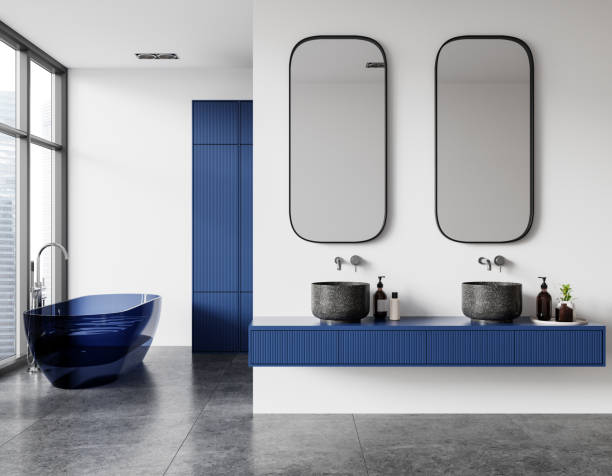 istock White and dark blue bathroom interior with tub and double sink 2151687715