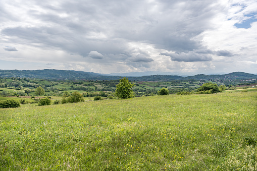Ovcar and Kablar mountains new West Morava river in Serbia, view of natural park, rocks, trees and fields of grass. Protected Serbian natural park.