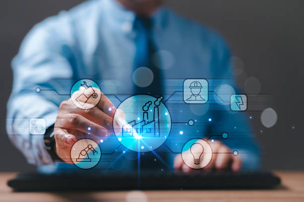 istock Businessman integrates digital technology into factory operations, leveraging data networks and internet connections to access vital information, enhancing business efficiency and productivity. 2151693995