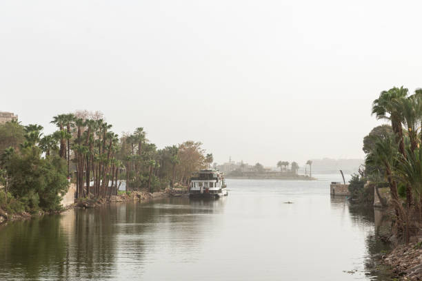 Picture of the Nile River with riverside greenery and a tourist boat, Cariro, Egypt.