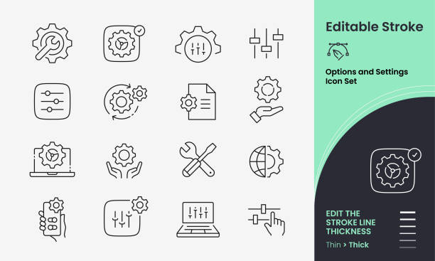 Options and Settings Icon collection containing 16 editable stroke icons. Perfect for logos, stats and infographics. Edit the thickness of the line in any vector capable app.