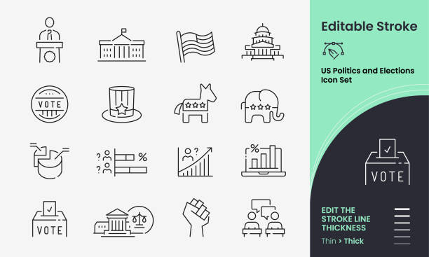 US Politics vector icon set containing 16 editable stroke icons. US Politics Icon collection containing 16 editable stroke icons. Perfect for logos, stats and infographics. Edit the thickness of the line in any vector capable app. democratic party logo stock illustrations
