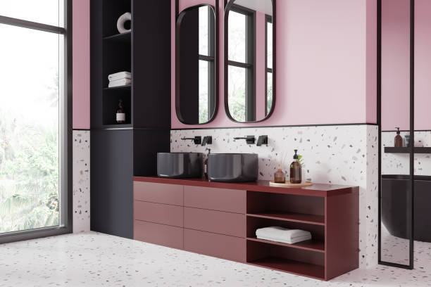 istock Colored hotel bathroom interior with sink and bathtub behind partition, window 2151696508