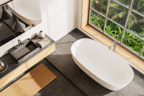 istock White bathroom with tub and sink, top view 2151696645