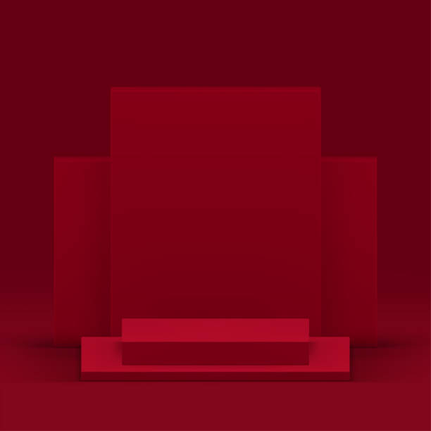 istock Red geometric 3d podium pedestal mock up for cosmetic product show realistic vector 2151699688