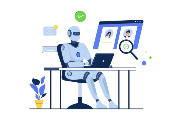 bildbanksillustrationer, clip art samt tecknat material och ikoner med artificial intelligence robots scan cv to hire pe - rekrytering