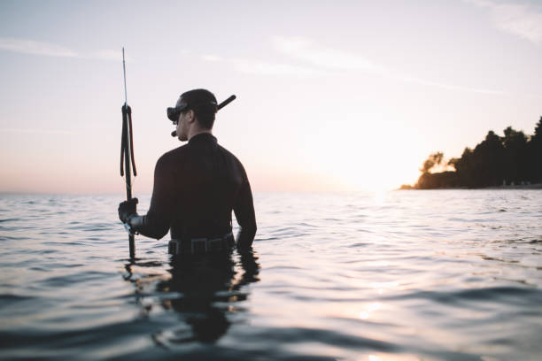 istock Active man in wetsuit holds speargun 2151701239