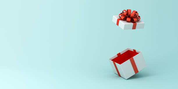 istock Open gift box or white present box with red ribbon and bow isolated on light blue pastel color background with shadow and blank copy space minimal concepts 3D rendering 2151701259