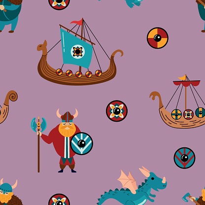 Seamless pattern with Vikings. Design for fabric, textiles, wallpaper, packaging.