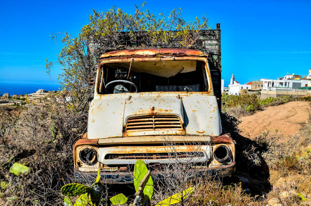 An old, rusted truck is parked in a field. The truck is covered in weeds and has a broken windshield. The scene is desolate and abandoned, with no signs of life or activity, real image